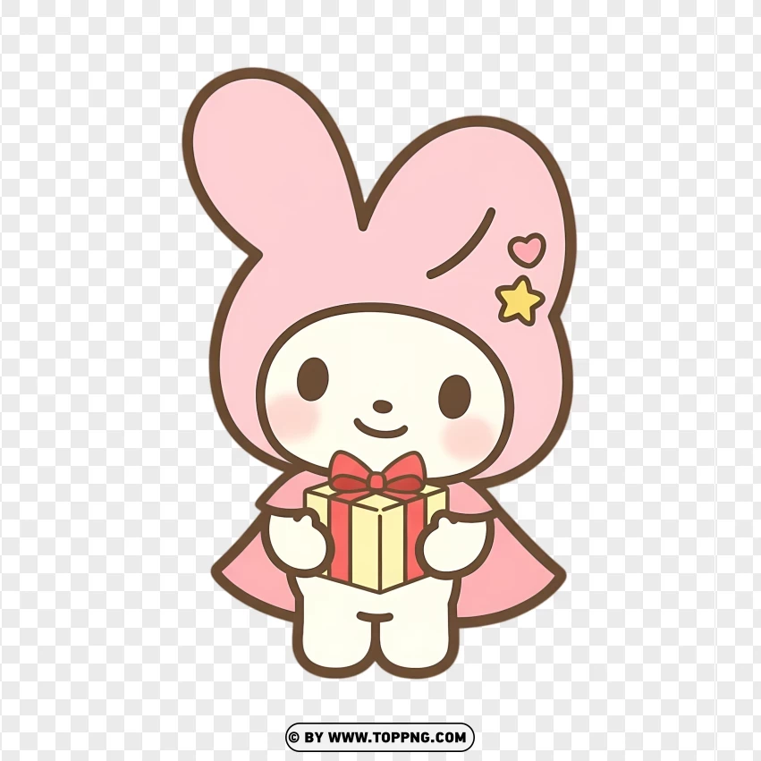 Chibi bunny holding gift box in festive kawaii pose