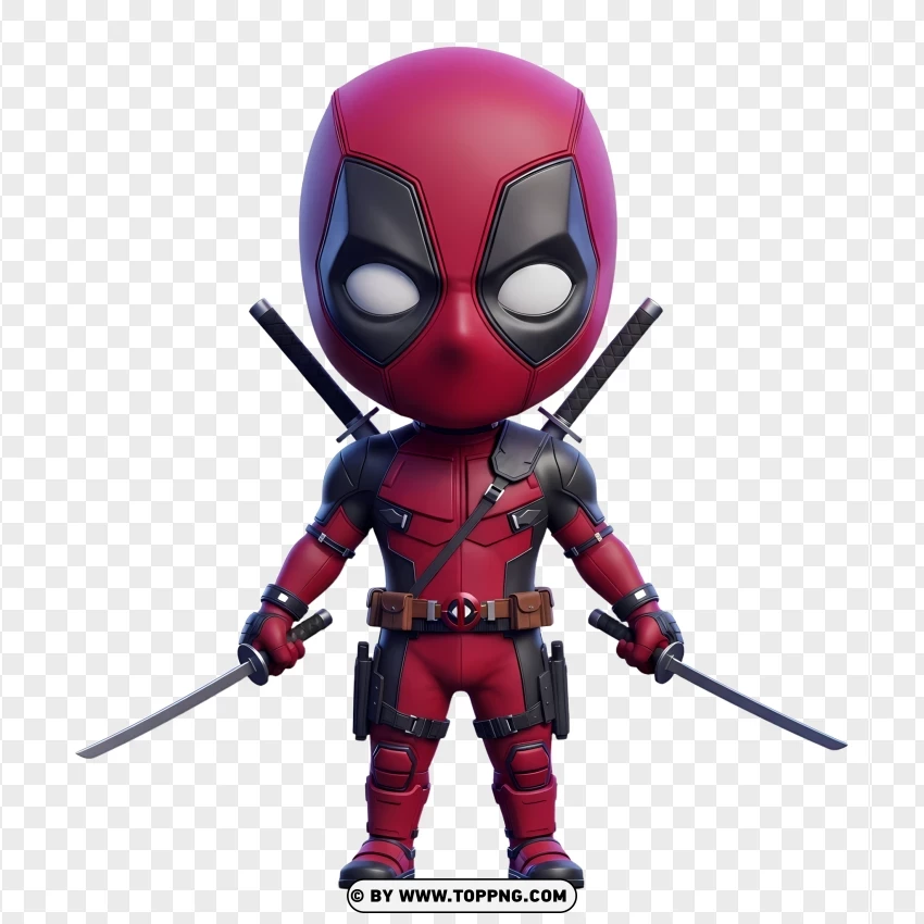 Chibi Deadpool Holding Two Katanas In Battle Stance PNG Transparent Background