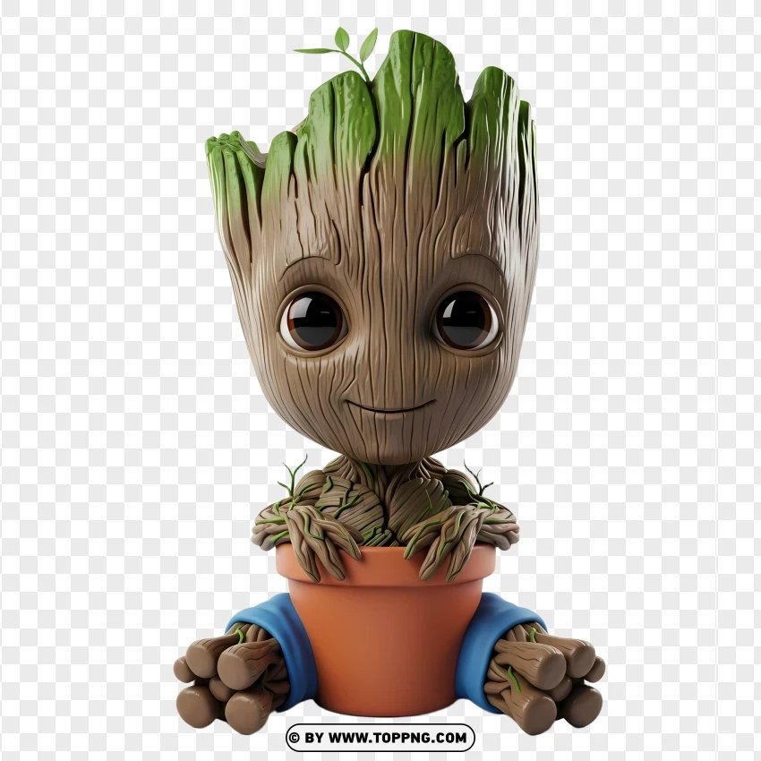 Chibi Groot Sitting Inside Plant Pot PNG Transparent Background