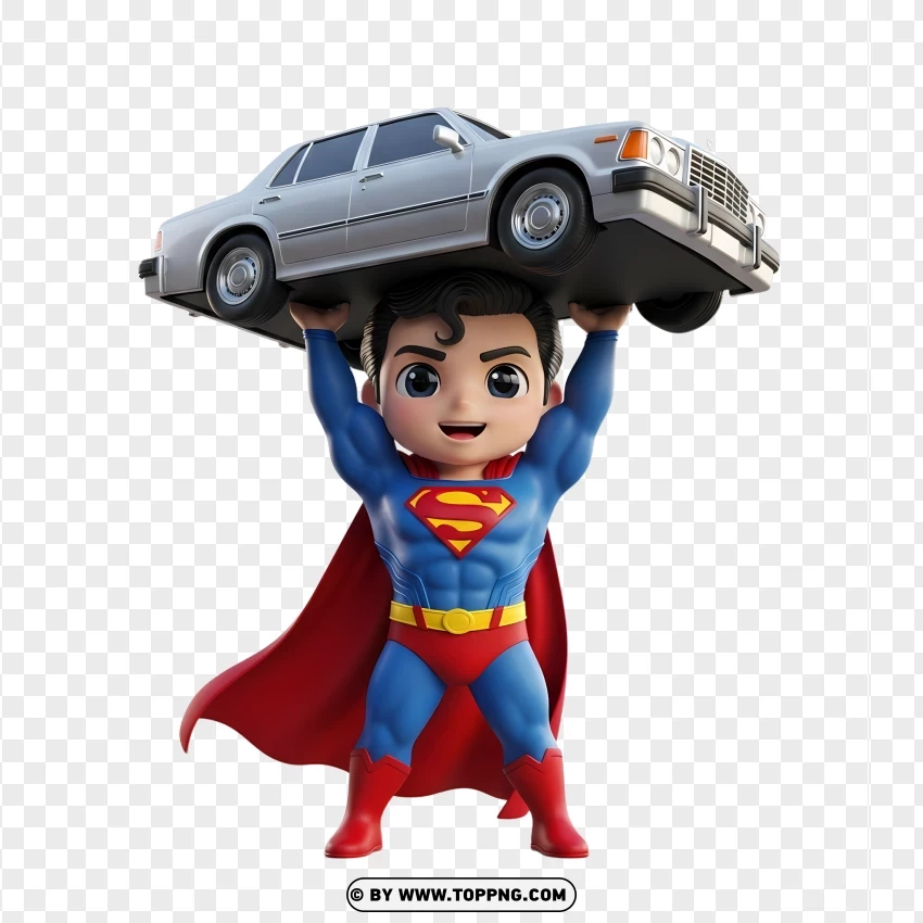 Chibi Superman Lifting A Car In Heroic Style PNG Transparent Background