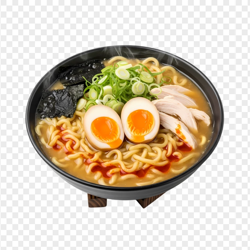Chicken Ramen Bowl With Egg And Green Onion PNG Transparent Background