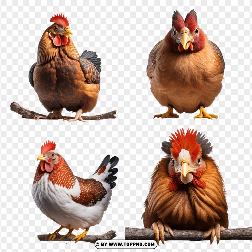 Two Chickens Perched On A Wooden Log PNG Transparent Background
