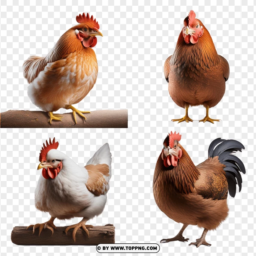 Group Of Chickens Perched On A Wooden Branch PNG Transparent Background