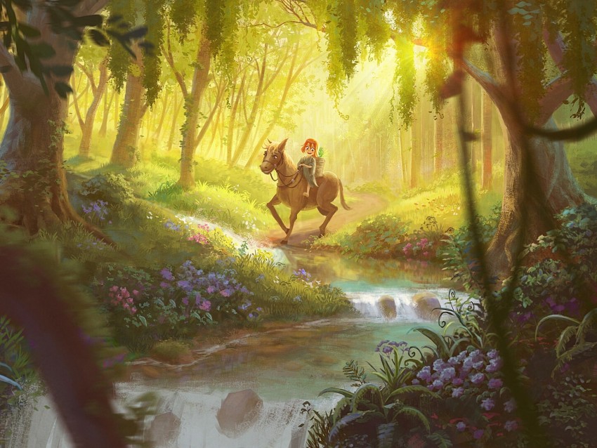 child, horse, art, forest, stream