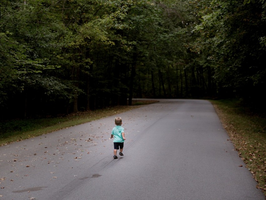 child, run, road, forest, asphalt
