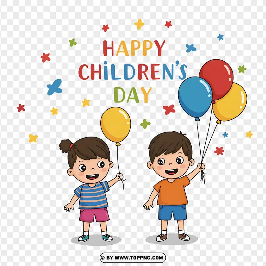 Happy Childrens Day With Kids Holding Balloons PNG Transparent Background