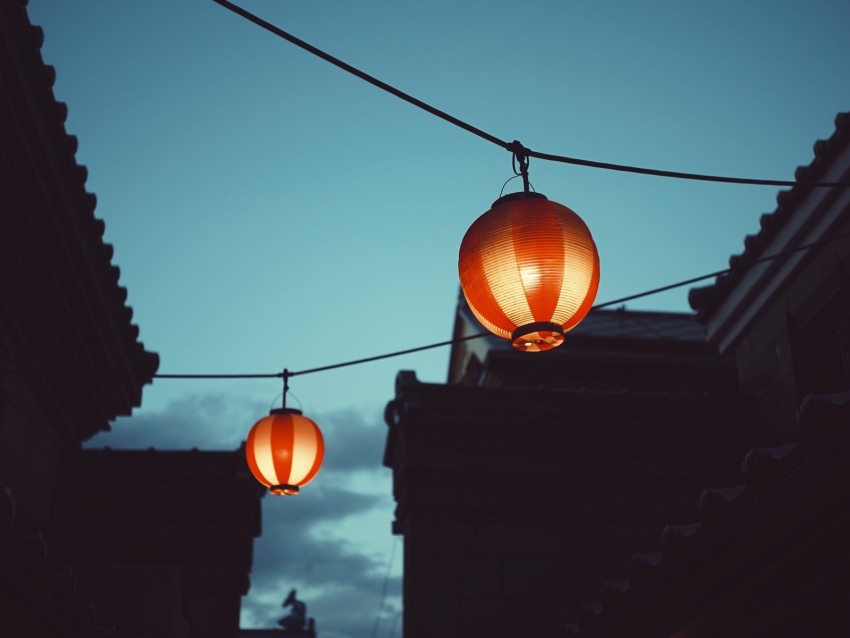 chinese lanterns, night, buildings, sky