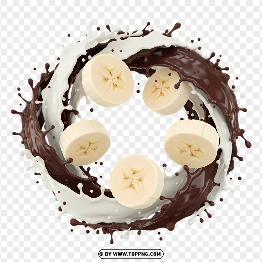 Chocolate Milk Swirl And Banana Slices PNG Transparent Background