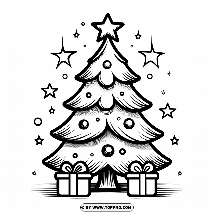 Christmas Tree Cartoon Black And White With Gift Boxes PNG Transparent Background