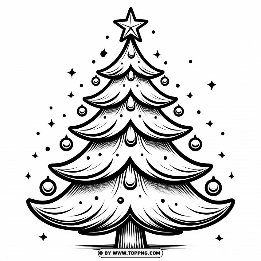 Christmas Tree Cartoon Drawing With Black And White Ornaments PNG Transparent Background