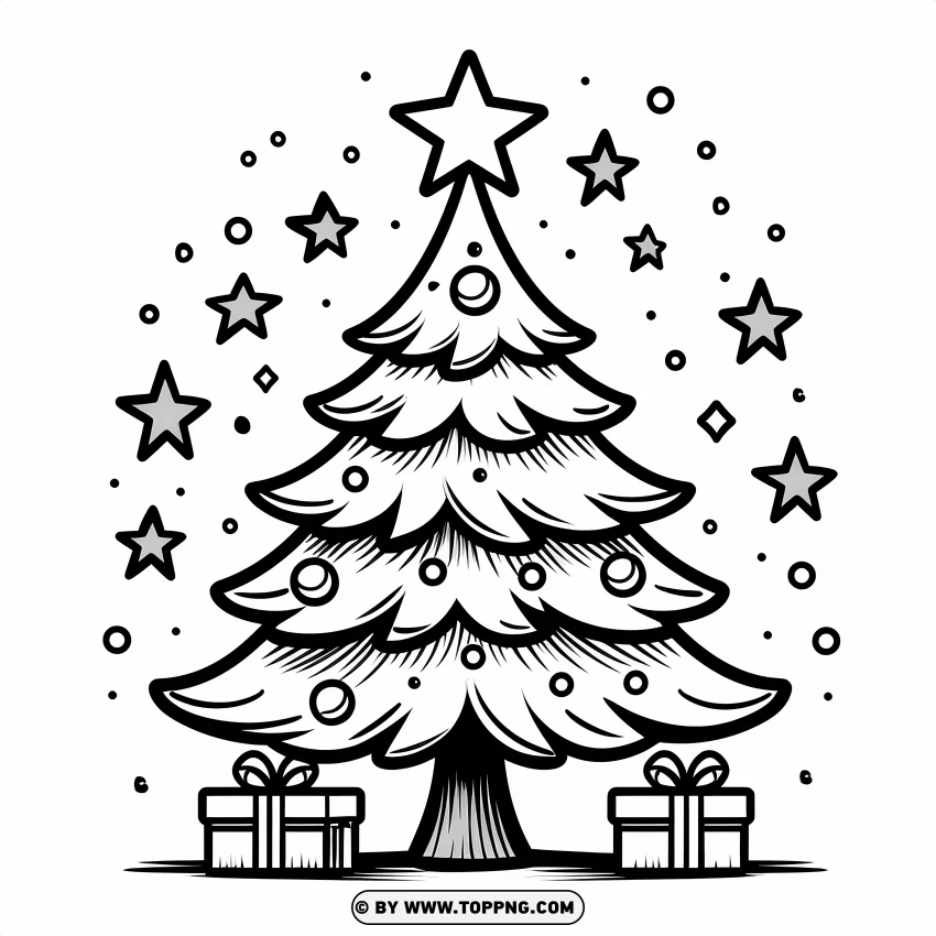 Christmas Tree Cartoon Drawing With Stars And Gifts PNG Transparent Background