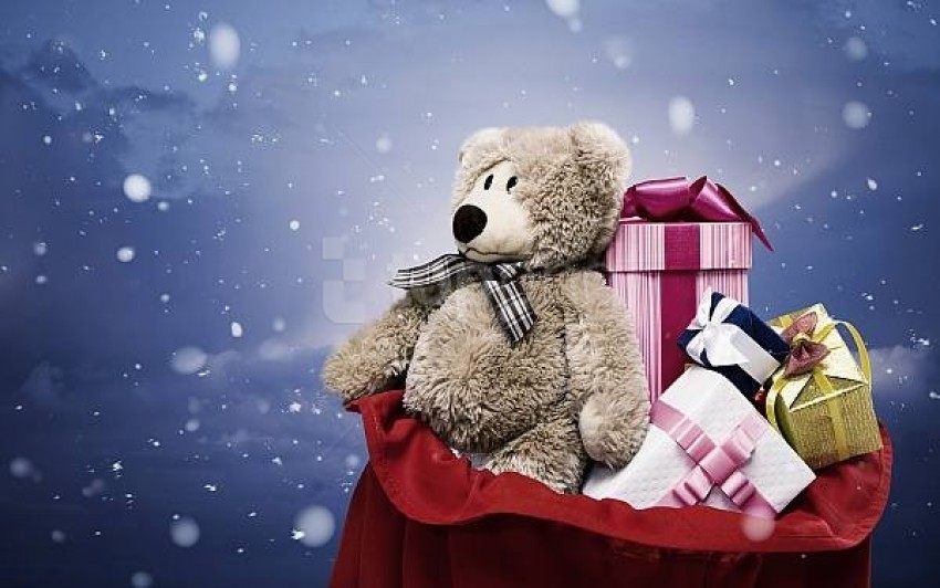christmas wallpaper with teddy bear and gifts background best stock photos  | TOPpng