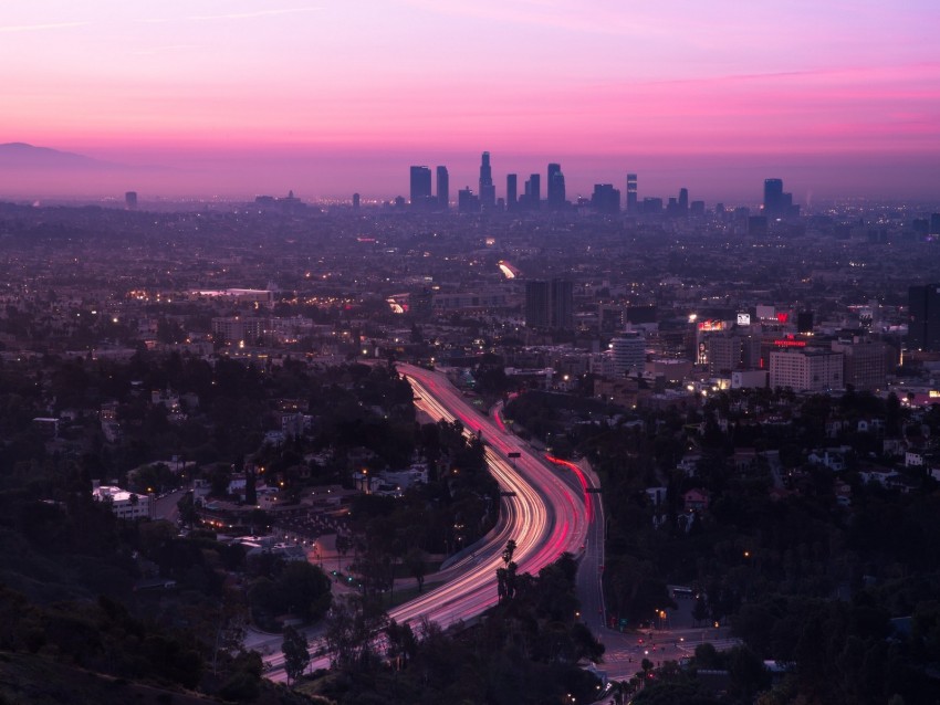 city, aerial view, road, sunset, los angeles, united states