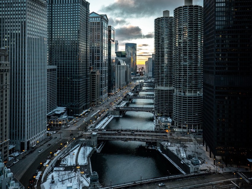 city, buildings, aerial view, bridges, chicago