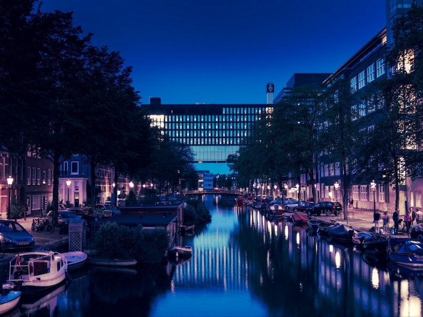 city, canal, night, water, buildings