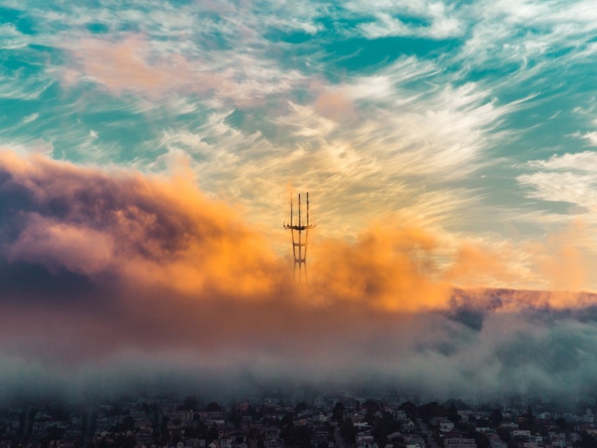 city, clouds, aerial view, tower, height
