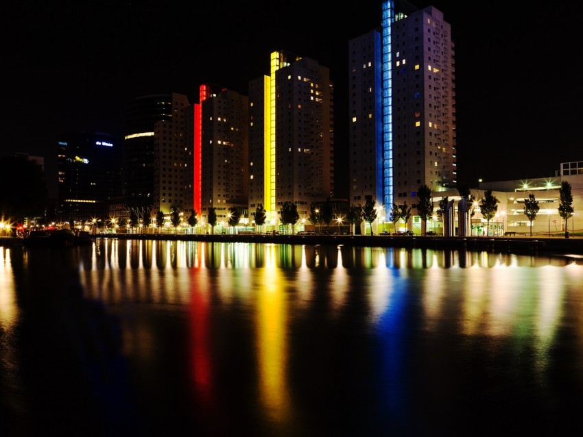 city, embankment, lights, colorful, reflection, buildings