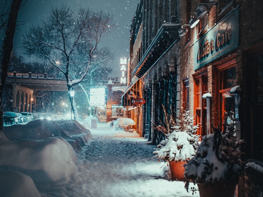 city, evening, snowfall, winter, street, buildings