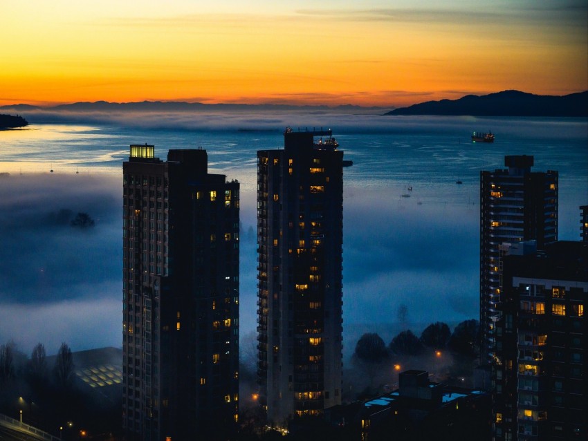 city, fog, harbor, twilight, skyscrapers, buildings