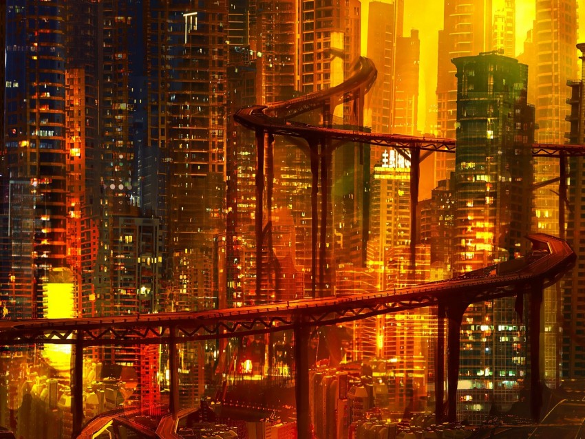 city, future, cyberpunk, architecture, night, lights, road junction