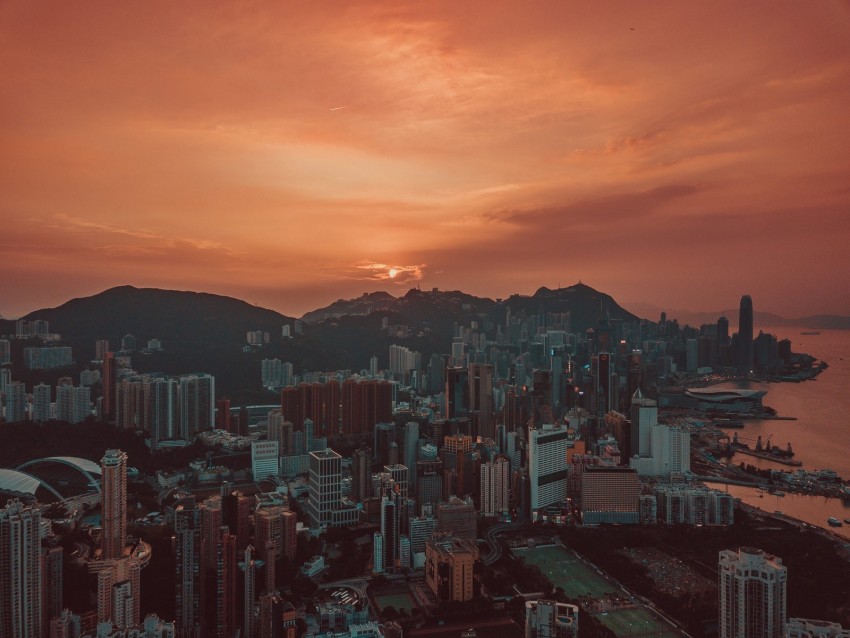 city, sunset, aerial view, skyscrapers, sky, hong kong