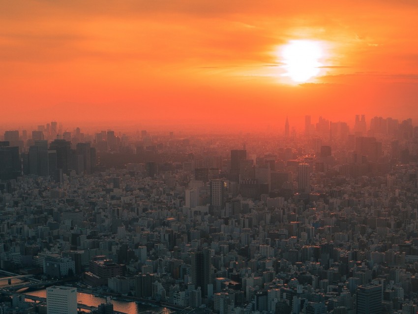 city, sunset, fog, aerial view, tokyo, japan