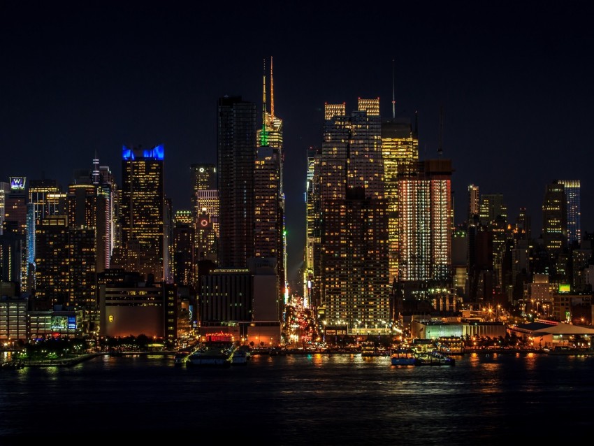 cityscape, night, new york, manhattan, skyscrapers, lights