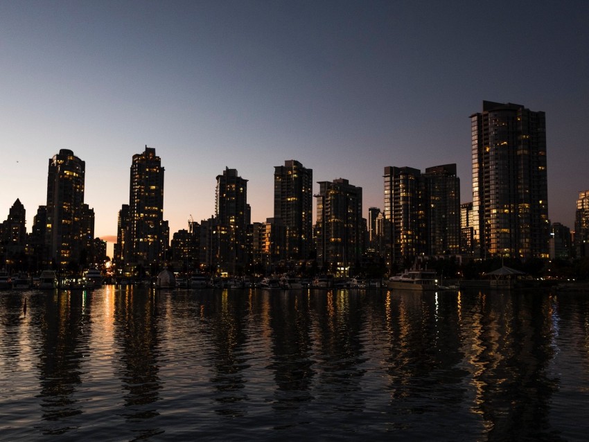cityscape, river, sky, skyscrapers, reflection, evening, vancouver