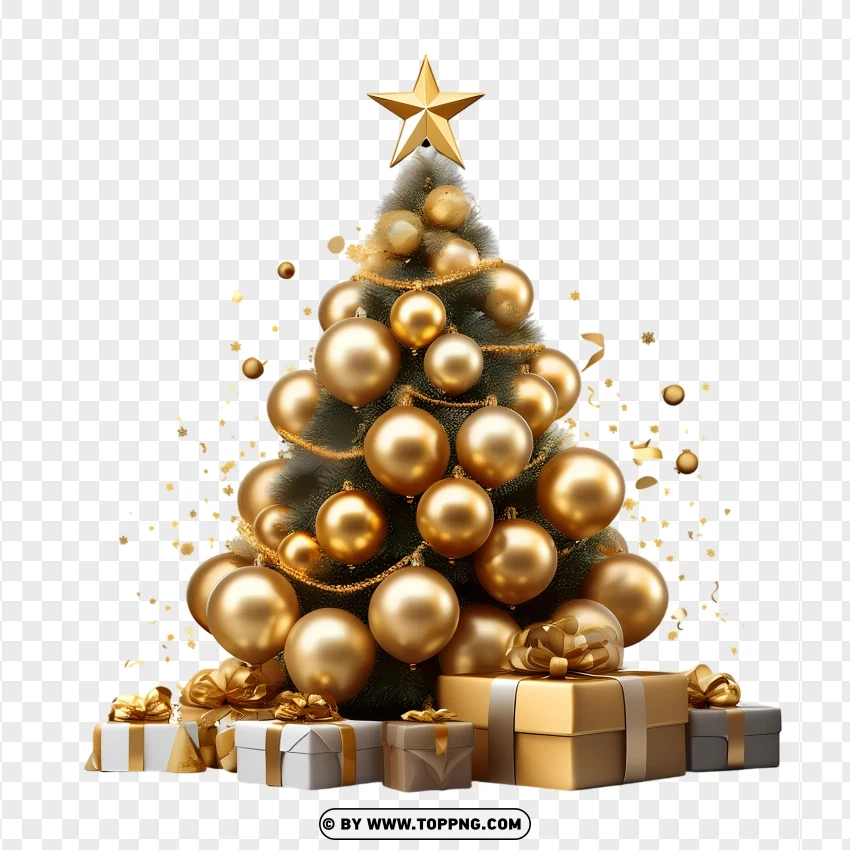 Classic Christmas Tree With Golden Baubles And Gifts PNG Transparent Background