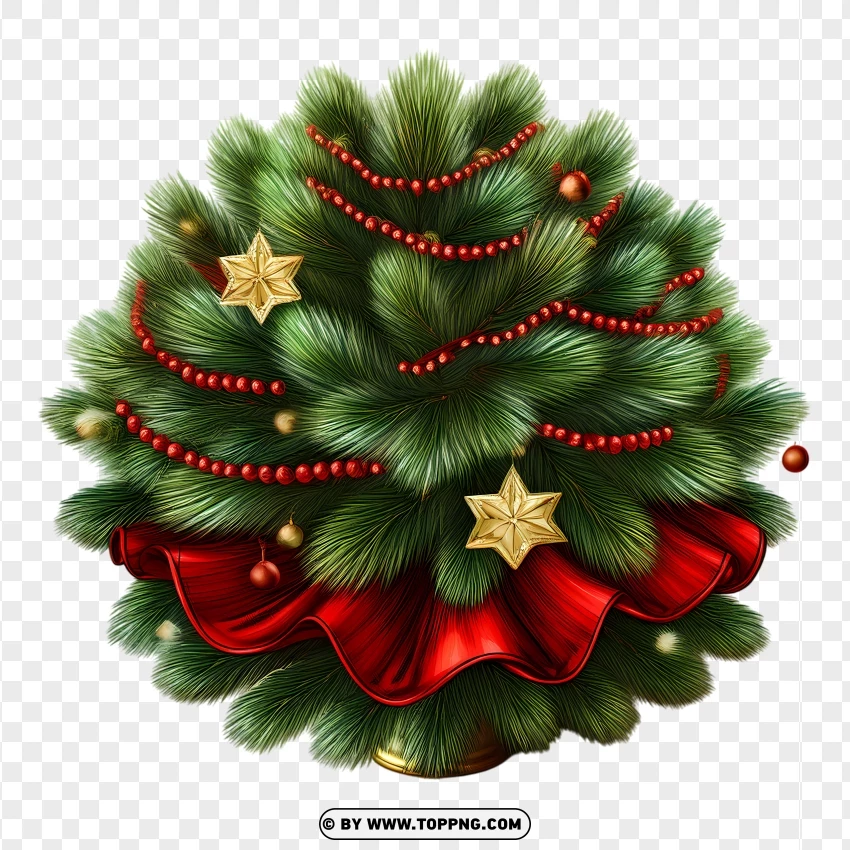 Classic Green Christmas Wreath With Red Ribbon And Gold Stars PNG Transparent Background