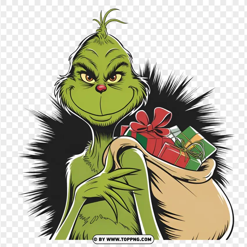 Grinch Carrying Sack Of Christmas Gifts PNG Transparent Background