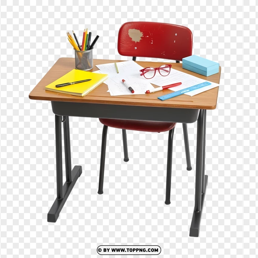 Classic School Desk And Chair With Study Items Artwork PNG Transparent Background