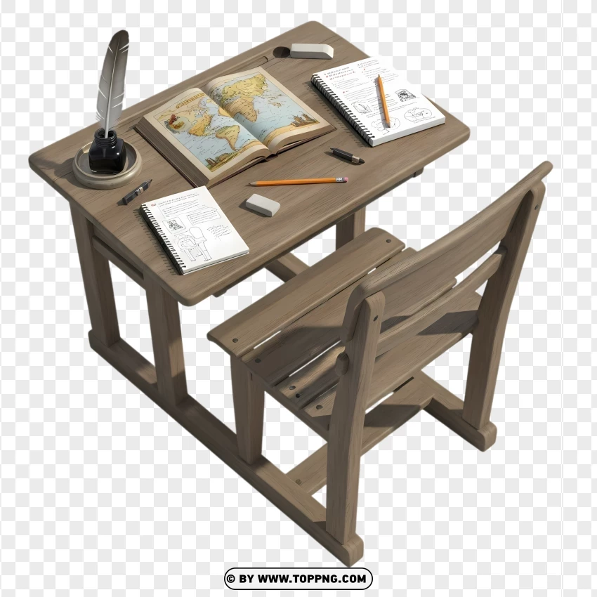 Classic School Desk Chair With Learning Materials PNG Transparent Background