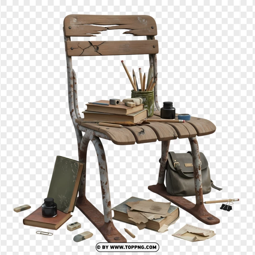 Classic Study Chair With Aged Writing Tools PNG Transparent Background