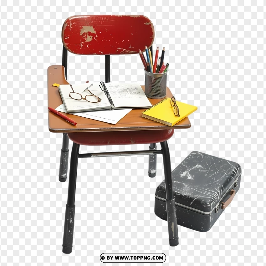 Classroom Chair And Desk Holding Books And Stationery PNG Transparent Background