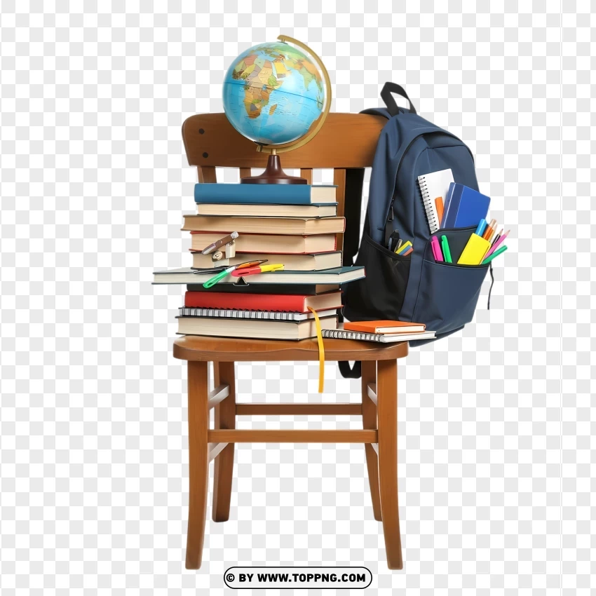 Classroom Study Desk With Backpack And Books PNG Transparent Background
