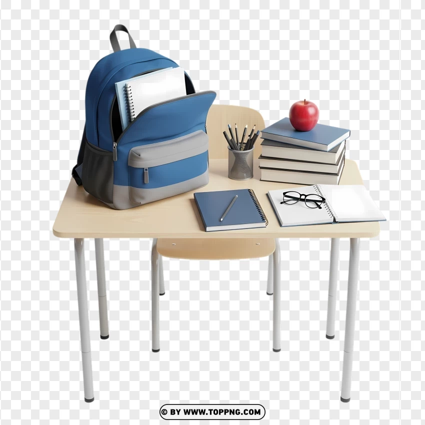 Classroom Study Desk With Backpack And Supplies PNG Transparent Background