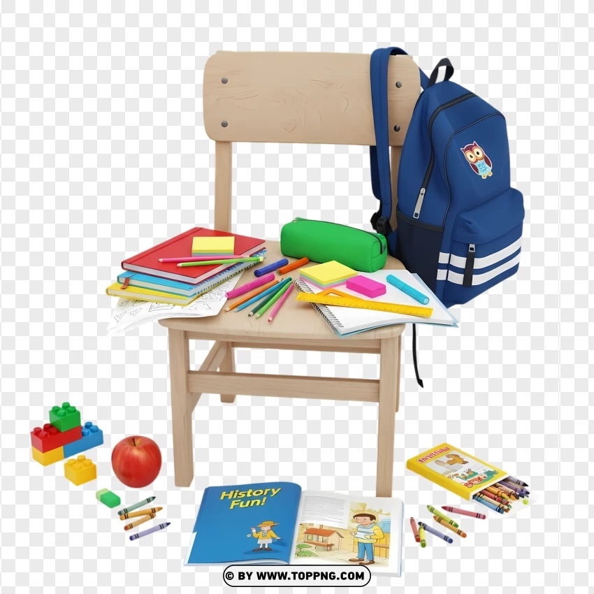 Classroom Wooden Chair With Bag And Stationery PNG Transparent Background
