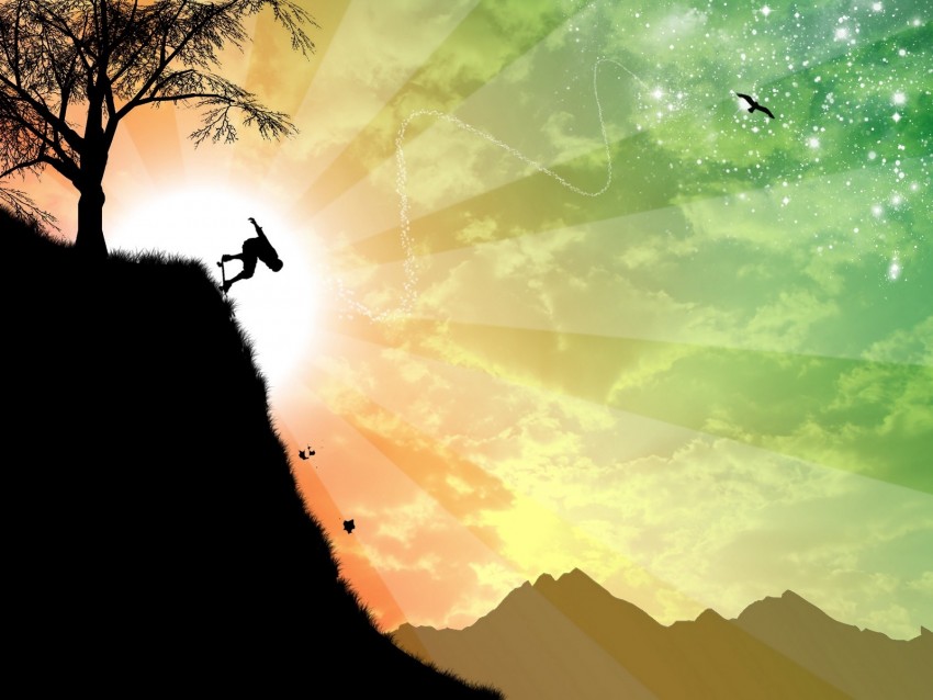 cliff, skateboarder, silhouette, tree, sun, art