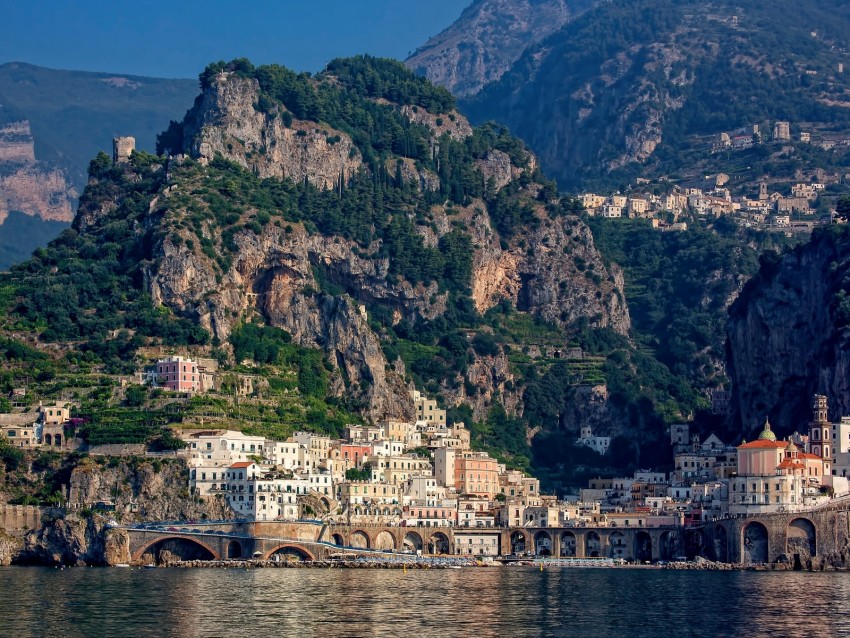 cliffs, city, bay, buildings, amalfi, italy