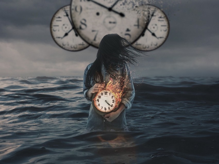 clock, fire, girl, photoshop, time