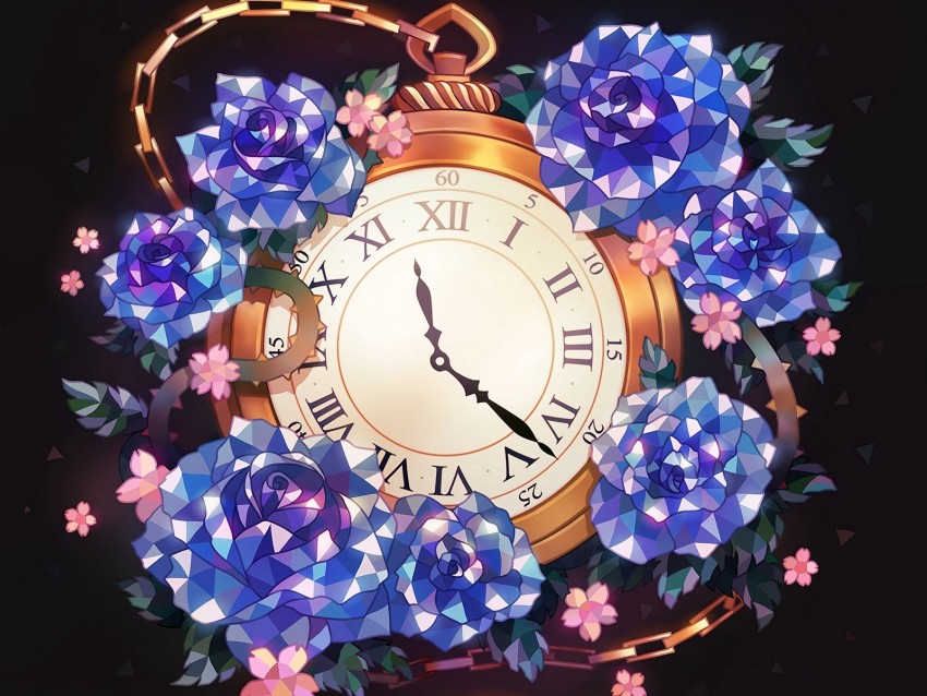 clock, flowers, art, pocket watch, chain