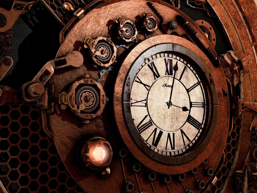 clock, mechanism, steampunk, time, arrows, dial