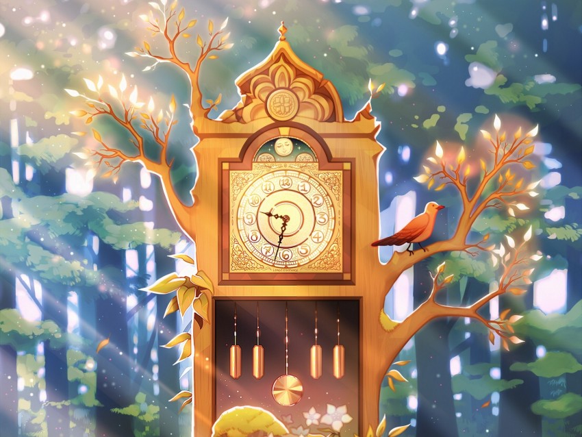 clock, tree, art, forest, sunlight