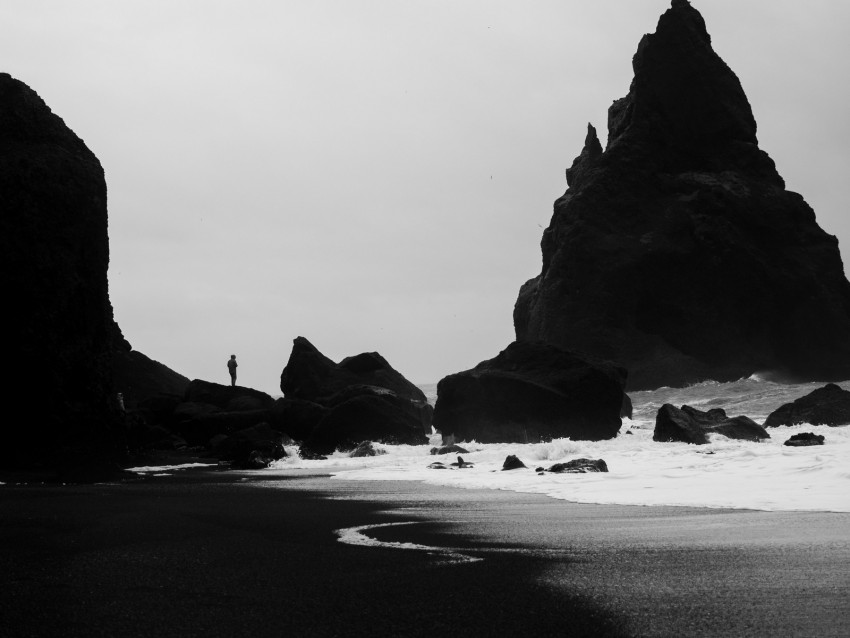coast, silhouettes, bw, surf, cliff