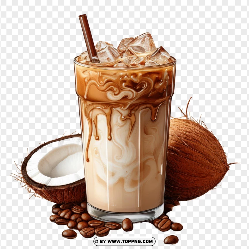 Coconut Latte Iced Latte With Coconut And Coffee Beans PNG Transparent Background