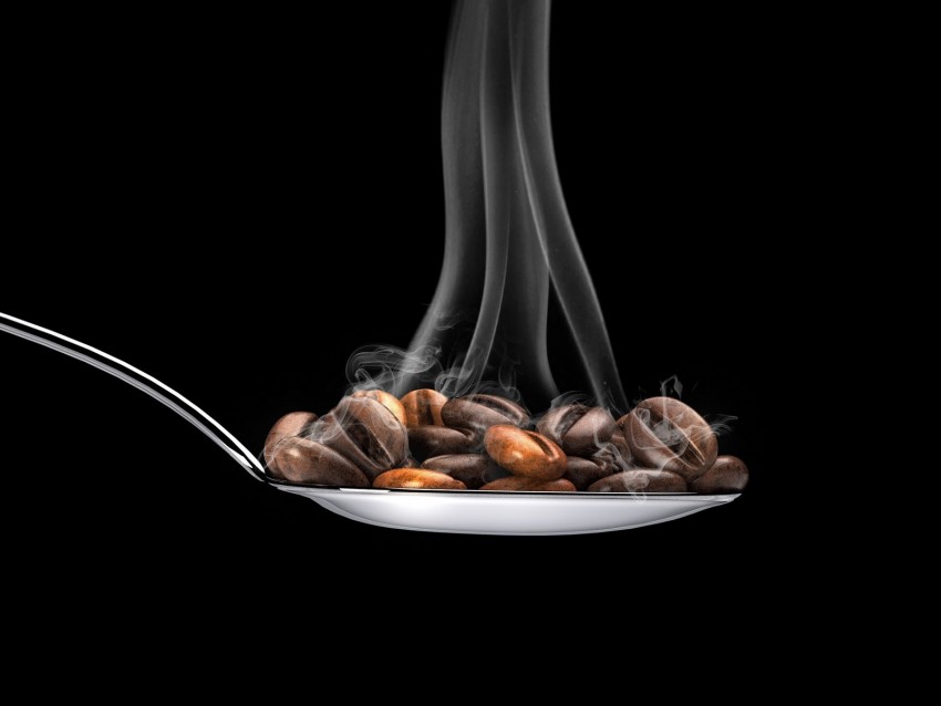 coffee, coffee beans, spoon, steam