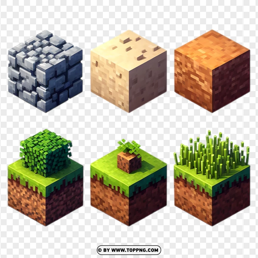 Collection Of Minecraft Blocks Cobblestone Dirt And Vegetation PNG Transparent Background