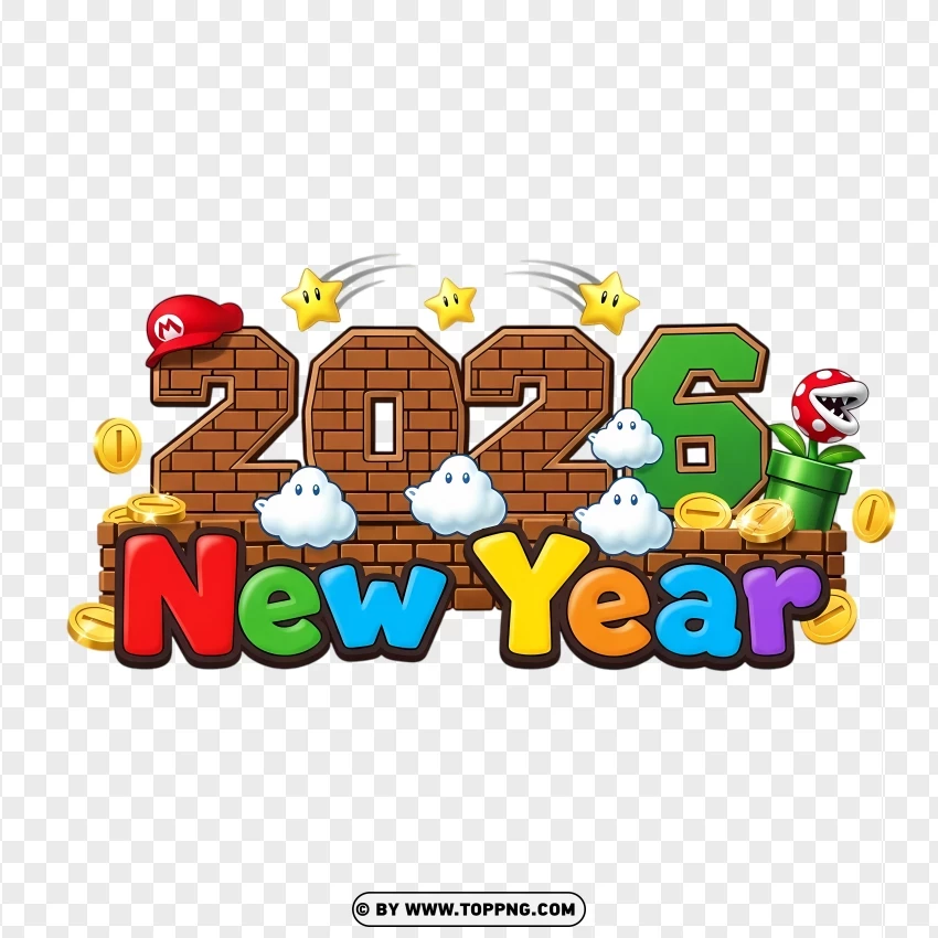 Colorful 2026 New Year Typography In Mario Style PNG Transparent Background