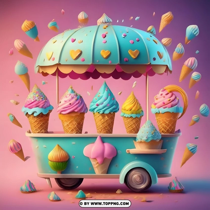 Colorful Ice Cream Cart With Various Ice Cream Cones PNG Transparent Background